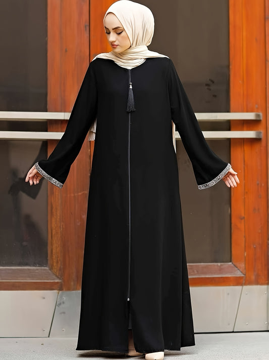 Middle Eastern Muslim Solid Color Zippered Tassel Round Neck Long Sleeve Sequined Women's Casual Abaya & No Headscarf