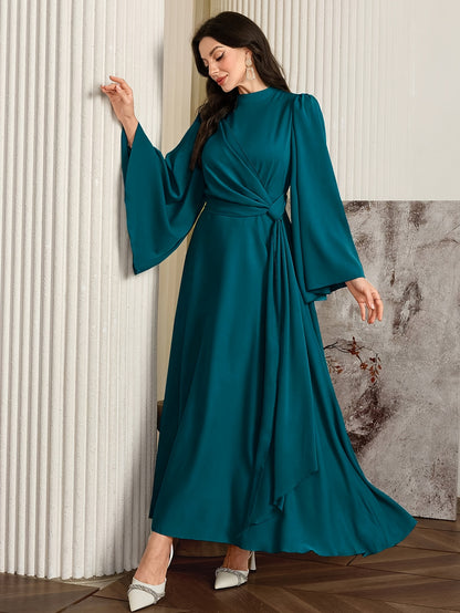 Elegant Teal Asymmetrical Long Dress with Bell Sleeves and High Neckline - Flowing A-Line Silhouette, Perfect for Formal Events, Formal Event Attire|Asymmetrical Hemline|Polyester Fabric