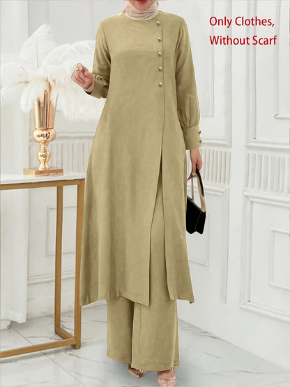 Ramadan Women'S Solid Color Button Design Long Sleeve Top and Pants Set, Arabic Style, Polyester, with Faux Button Detail, for All Seasons