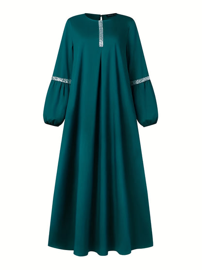 Middle Eastern Solid Color Long Sleeve Muslim Abaya Casual Sequined Dress
