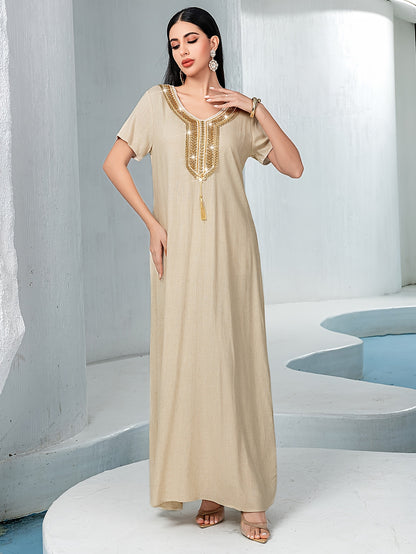 2pcs Traditional Style Beige Hand-Embroidered Rhinestone with Woven Belt, Polyester Long Dress Set, Solid Color, Non-Stretch Fabric, Long Sleeve, Regular Fit, All-Season