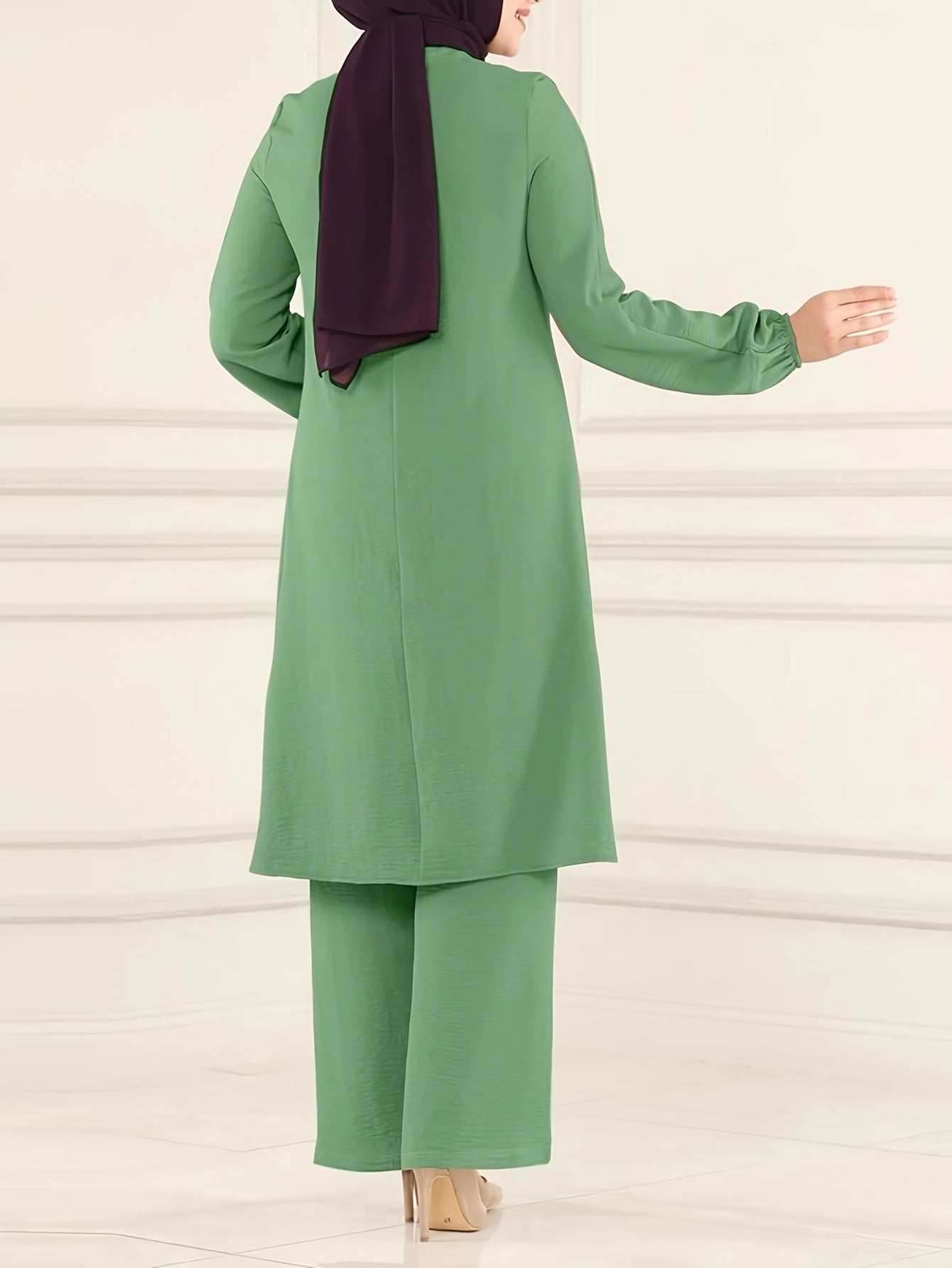 Two-Piece Set for Women Featuring a Simple Round Neck Shirt And Loose Long Pants (Headscarf Not Included).