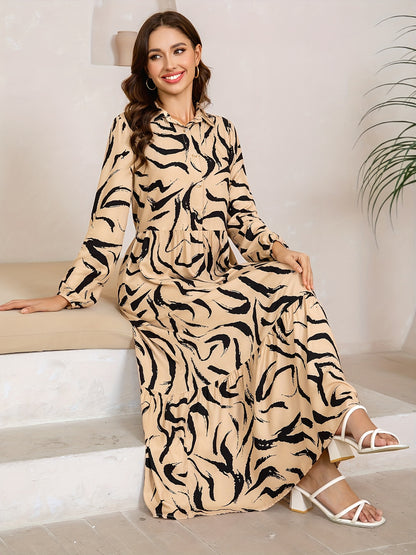 2025 Fall Original New Arrival Casual Outing Date Daily Commute Beach Dress Turn- Collar Half Open Front Long Sleeve Maxi Skirt Khaki Elegant Stripe Print Adjustable Cuff Buttons Loose Straight Fit Comfort Layered Overskirts