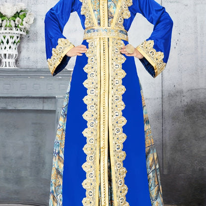 1pc Elegant Middle Eastern Tribal Print Kaftan Dress - Polyester Long Sleeve Square Neck with Belt Detail, Fitted A-Line Silhouette for Spring/Summer/Fall