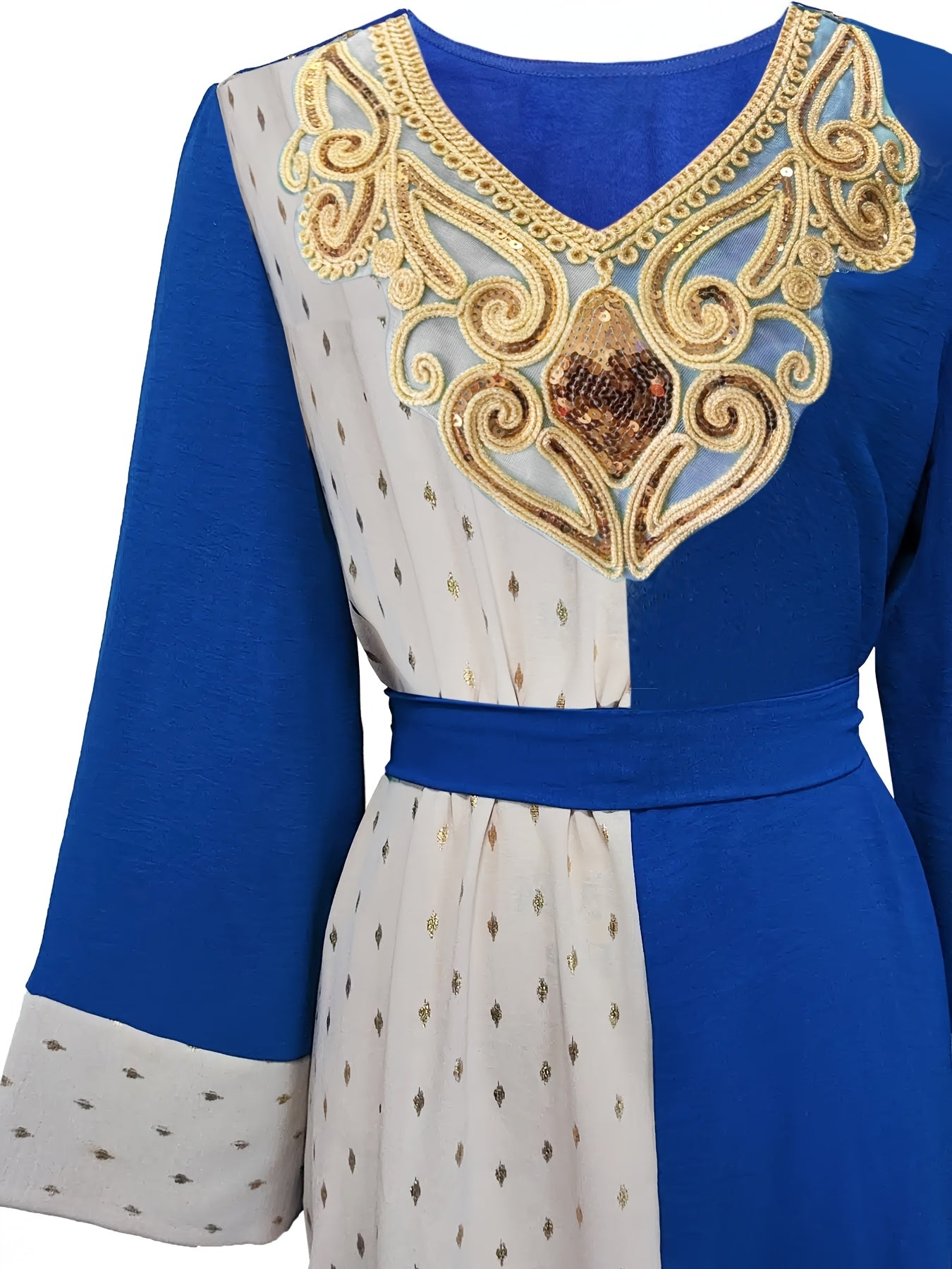 Elegant Middle Eastern Color Blocking Robe with Golden Embellishments - Long Sleeve, Belted, Geometric Pattern, All-Season Wear, Polyester Fabric, Regal Attire|Geometric Pattern Robe|Belted Waistband, Middle Eastern Wear