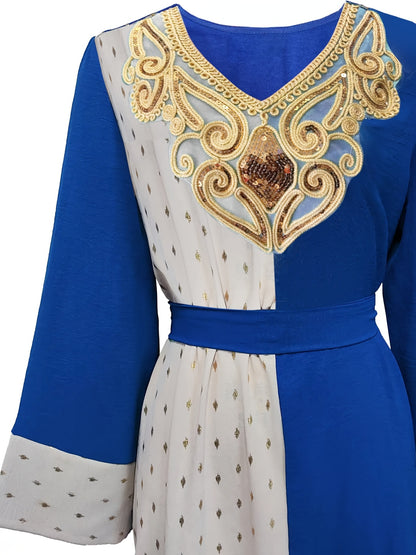 Elegant Middle Eastern Color Blocking Robe with Golden Embellishments - Long Sleeve, Belted, Geometric Pattern, All-Season Wear, Polyester Fabric, Regal Attire|Geometric Pattern Robe|Belted Waistband, Middle Eastern Wear