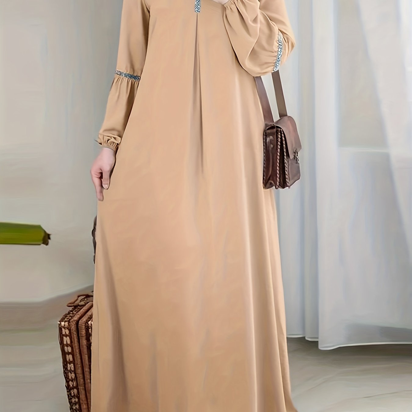 Middle Eastern Solid Color Long Sleeve Muslim Abaya Casual Sequined Dress