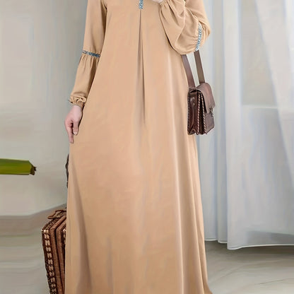 Middle Eastern Solid Color Long Sleeve Muslim Abaya Casual Sequined Dress
