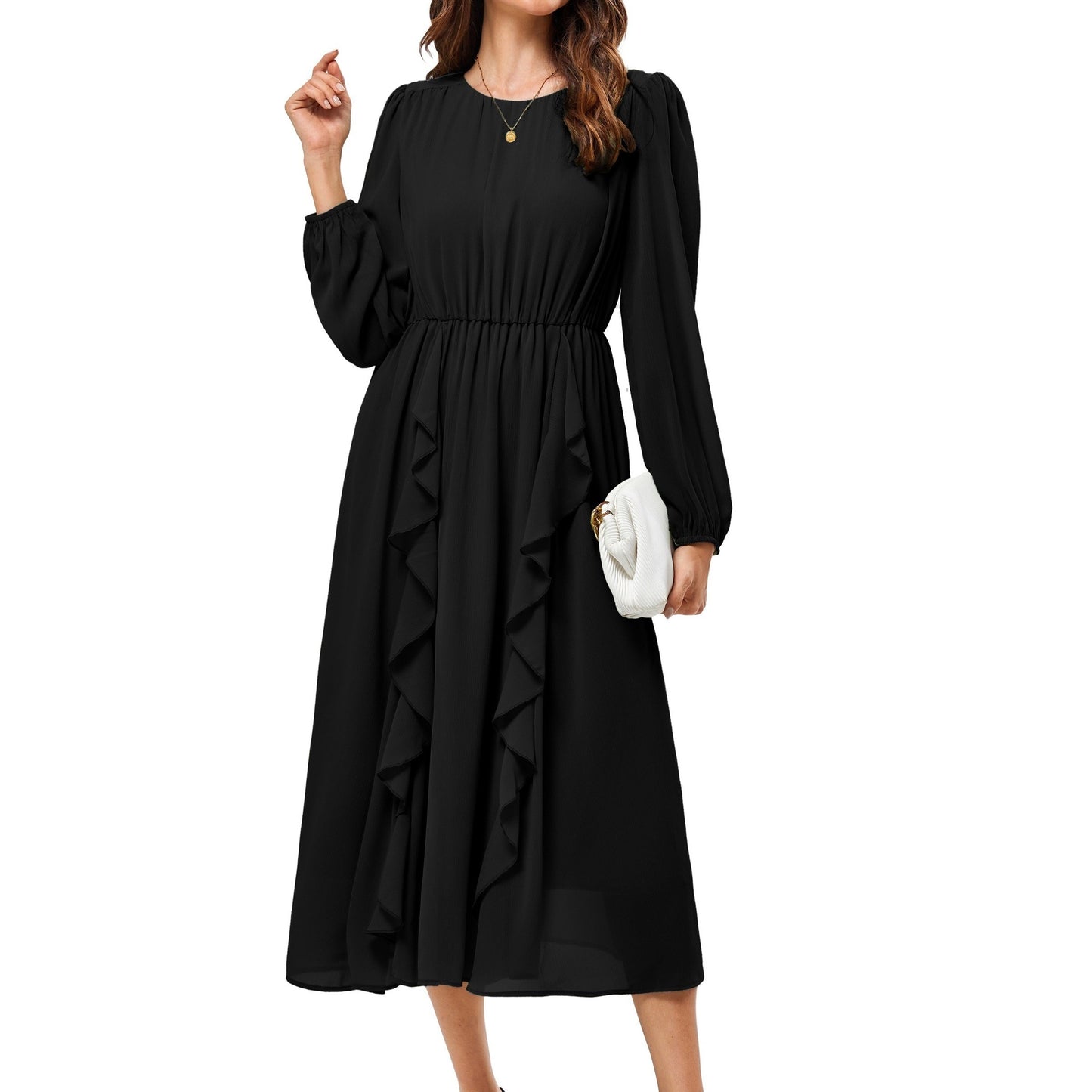 Womens Long Sleeve Wedding Guest Dresses Flowy Chiffon Ruffled A Line Midi Dresses 2024 Fall Casual Long Dress
