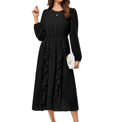 Womens Long Sleeve Wedding Guest Dresses Flowy Chiffon Ruffled A Line Midi Dresses 2024 Fall Casual Long Dress