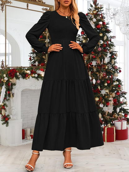 Women's Fall Wedding Guest Dress Long-sleeved Extra-long Dress Casual Crew-neck Pleated A-line Flowing Dress