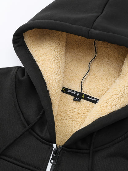 A Men's casual sports warm fleece hooded jacket with zipper opening and pocket, suitable for outdoor and training activities, autumn and winter clothing | casual style hooded sweatshirt | zipper hooded sweatshirt, Fleece Jack