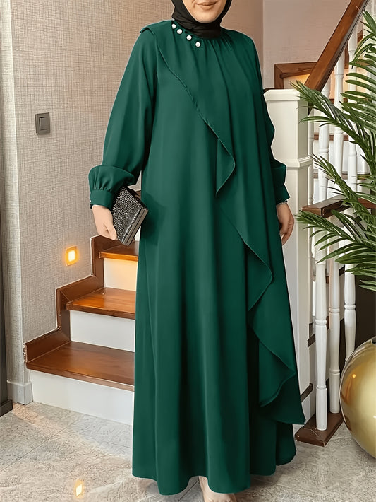 Elegant Green Long Skirt Dress for Women - Loose Fit, Round Neck, Lantern Sleeves, Embellished with Pearls, Perfect for Casual or Formal Occasions, Casual Elegant Wear | Embellished Dress | Flowing Skirt