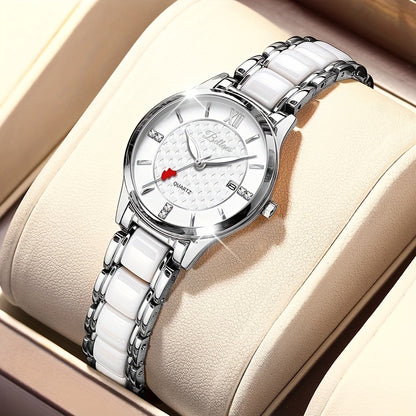 Luxury Ceramic Women's Watch with Rose Golden Case & White Dial - Quartz Movement, Date Display, Heart Accents - Elegant Valentine's Day Gift for Her, Date Feature Watch | Heart Motif Watch | Ceramic Strap Watch