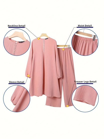 Two-Piece Set for Women Featuring a Simple Round Neck Shirt And Loose Long Pants (Headscarf Not Included).
