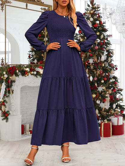 Women's Fall Wedding Guest Dress Long-sleeved Extra-long Dress Casual Crew-neck Pleated A-line Flowing Dress