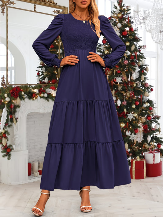Women's Fall Wedding Guest Dress Long-sleeved Extra-long Dress Casual Crew-neck Pleated A-line Flowing Dress