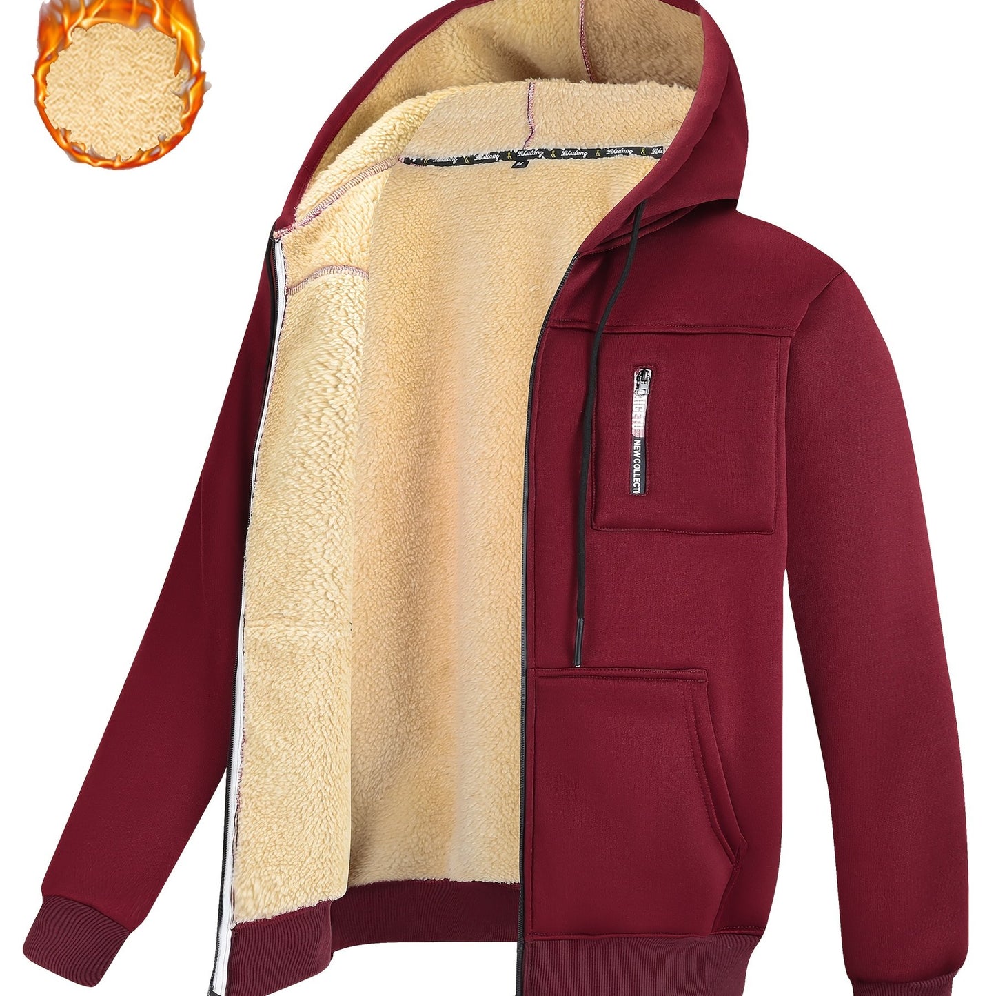 A Men's casual sports warm fleece hooded jacket with zipper opening and pocket, suitable for outdoor and training activities, autumn and winter clothing | casual style hooded sweatshirt | zipper hooded sweatshirt, Fleece Jack