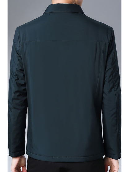 Men's Casual Business Jacket for Elderly - Polyester, Solid Color, Non-Stretch Fabric, Spring/Autumn Wear with Pockets