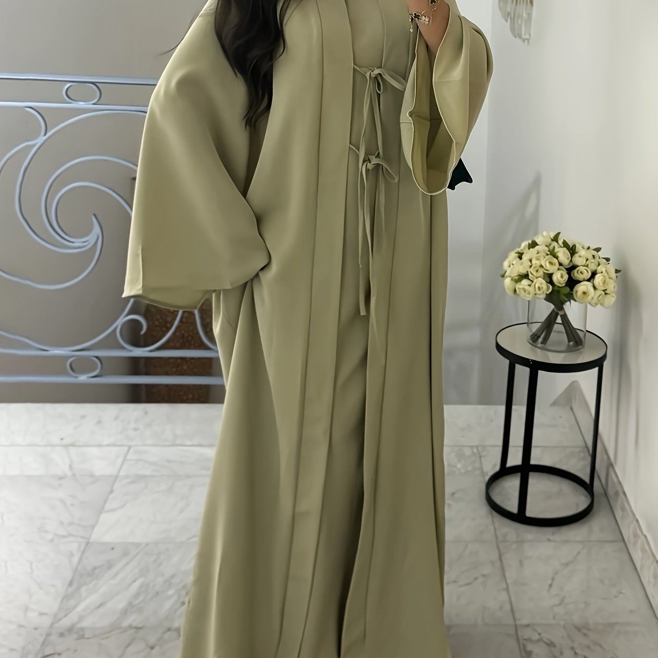 Chic Dress and Tie-Neck Cardigan Two-Piece Set