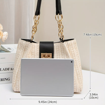 Women'S 2025 New Year Handwoven Straw Tote Bag - Black Accents, Honeycomb Pattern, Adjustable Shoulder Strap, Kiss Lock Closure, Machine Washable, Beach & Casual Style, Casual Tote Bag|Honeycomb Pattern Bag|Durable Handle Bag