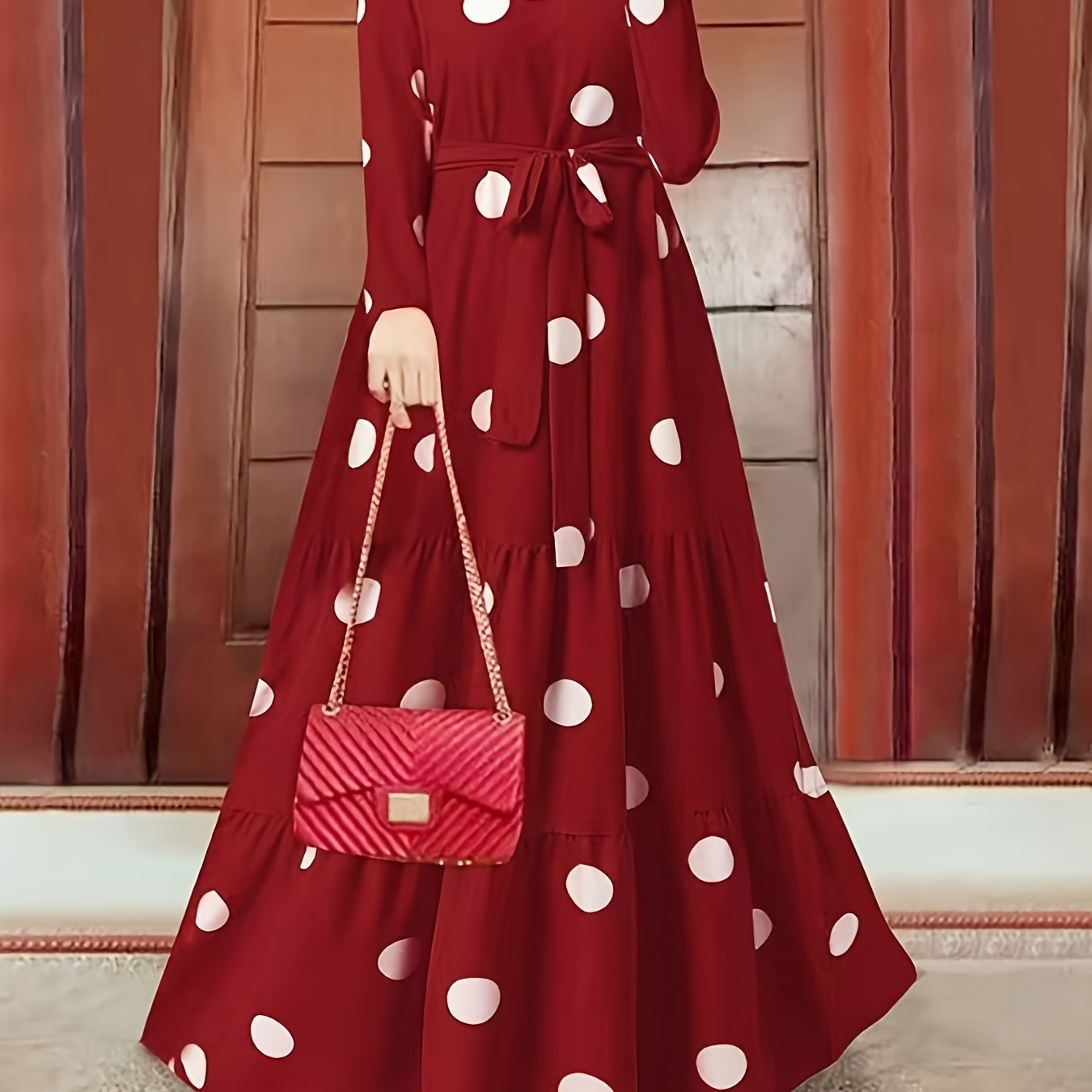 Vintage Red & White Polka Dot Middle Eastern Sun Dress - Long Sleeve Belted Loose Fit Maxi Dress with Round Neck, Machine Washable All-Season Traditional Attire, Retro Dresses, Cultural Fashion Wear, Flowy Fabric Gown