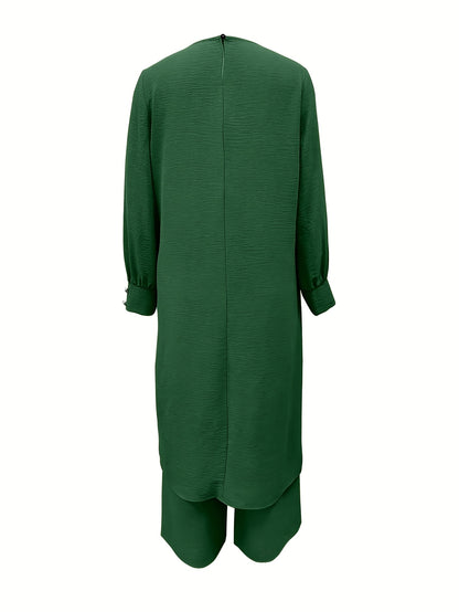 Ramadan Women'S Solid Color Button Design Long Sleeve Top and Pants Set, Arabic Style, Polyester, with Faux Button Detail, for All Seasons