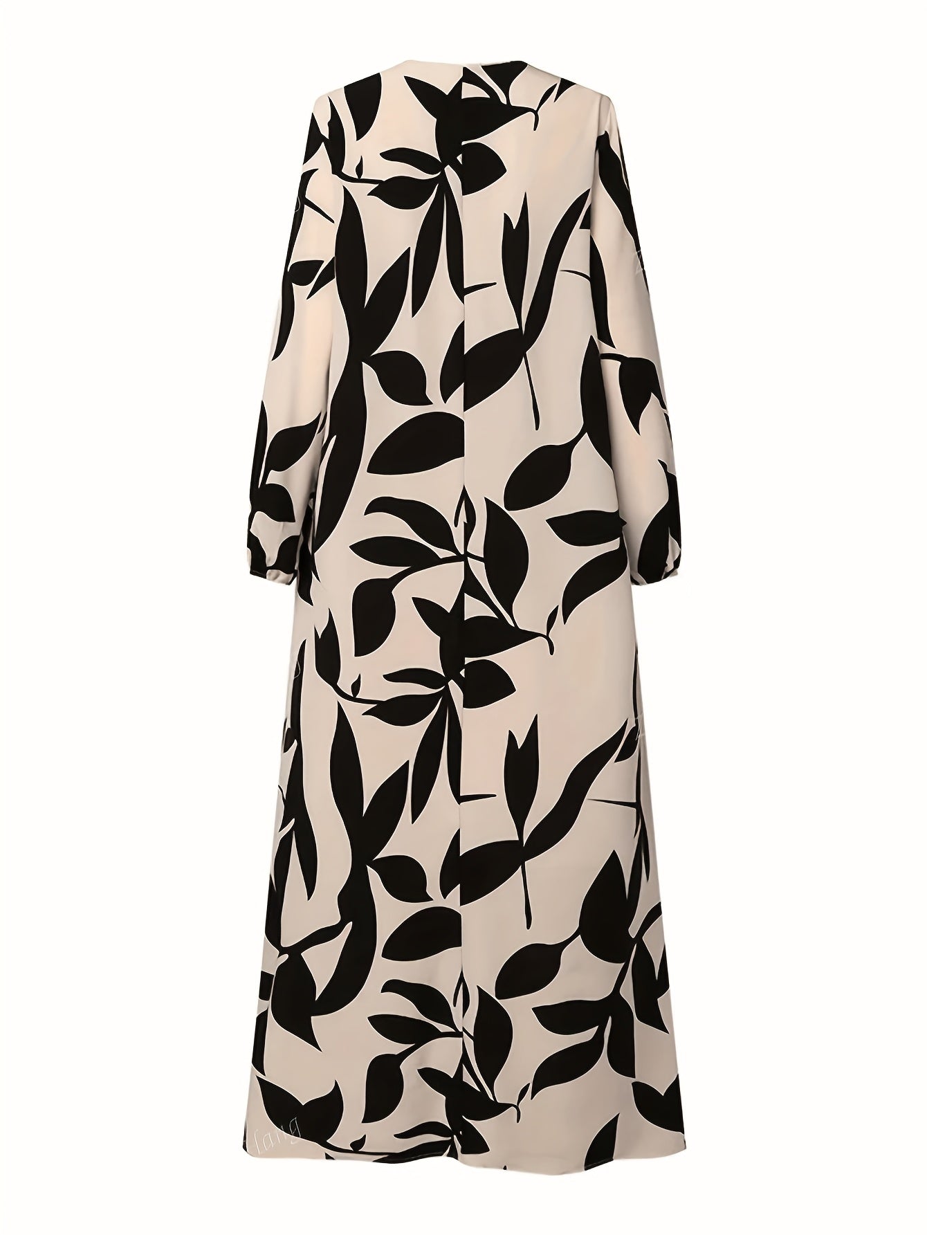 Women's Arabian-Style Plant Print Lantern Sleeve Maxi Dress - Black & Loose Fit A-Line Traditional Dress, Machine Washable All-Season Long Dress for Casual & Formal Occasions
