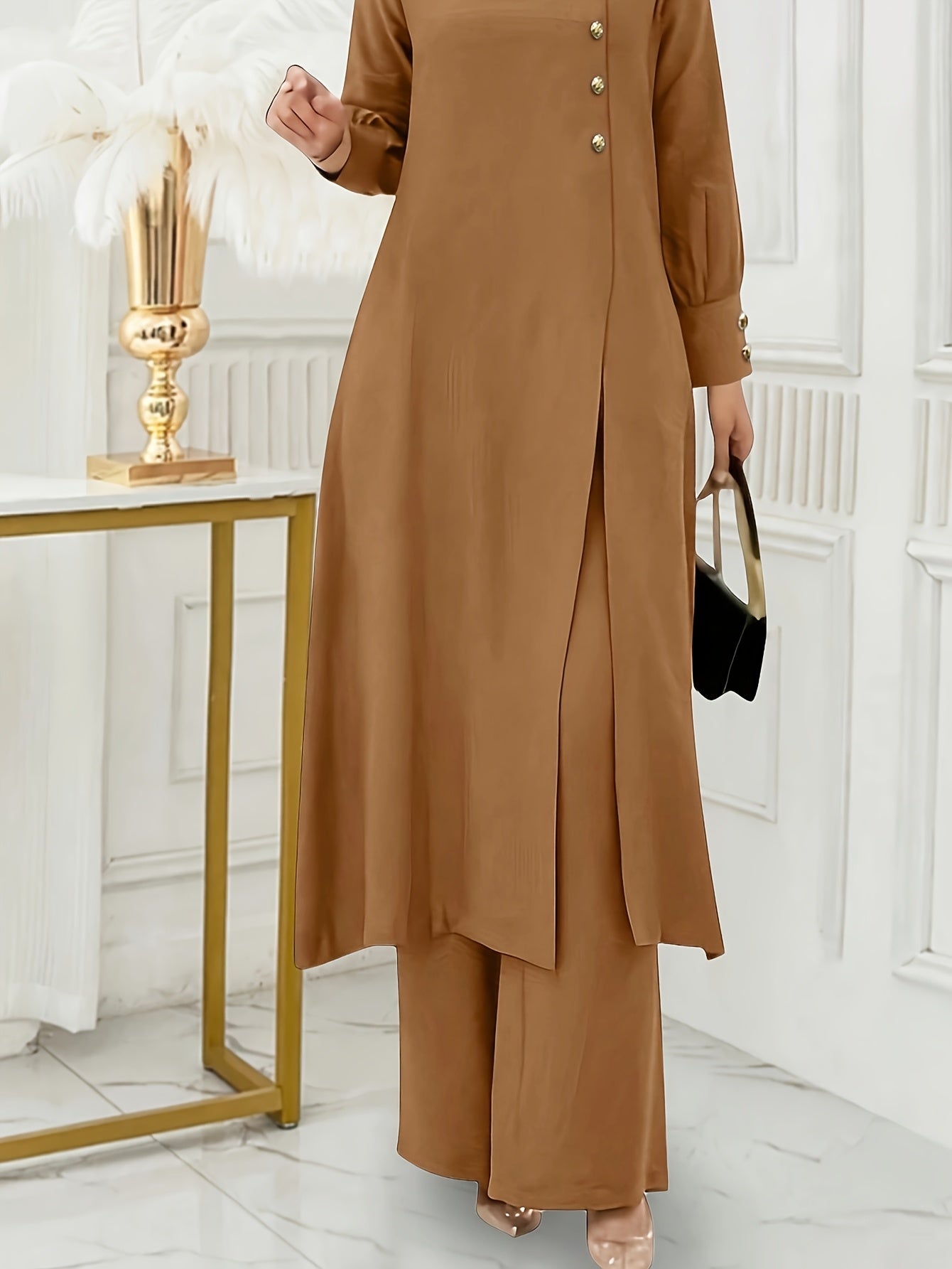 Ramadan Women'S Solid Color Button Design Long Sleeve Top and Pants Set, Arabic Style, Polyester, with Faux Button Detail, for All Seasons
