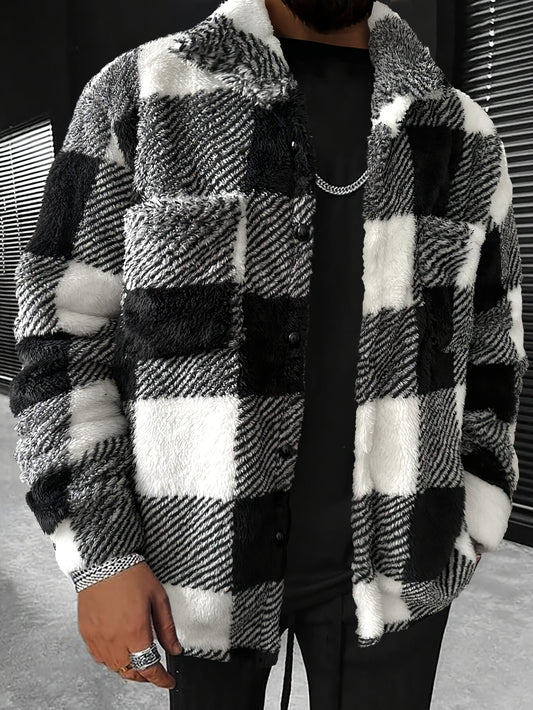 Men's Cozy Plaid Fleece Jacket - Casual Button-Up with Lapel Collar, Long Sleeves for Winter Warmth