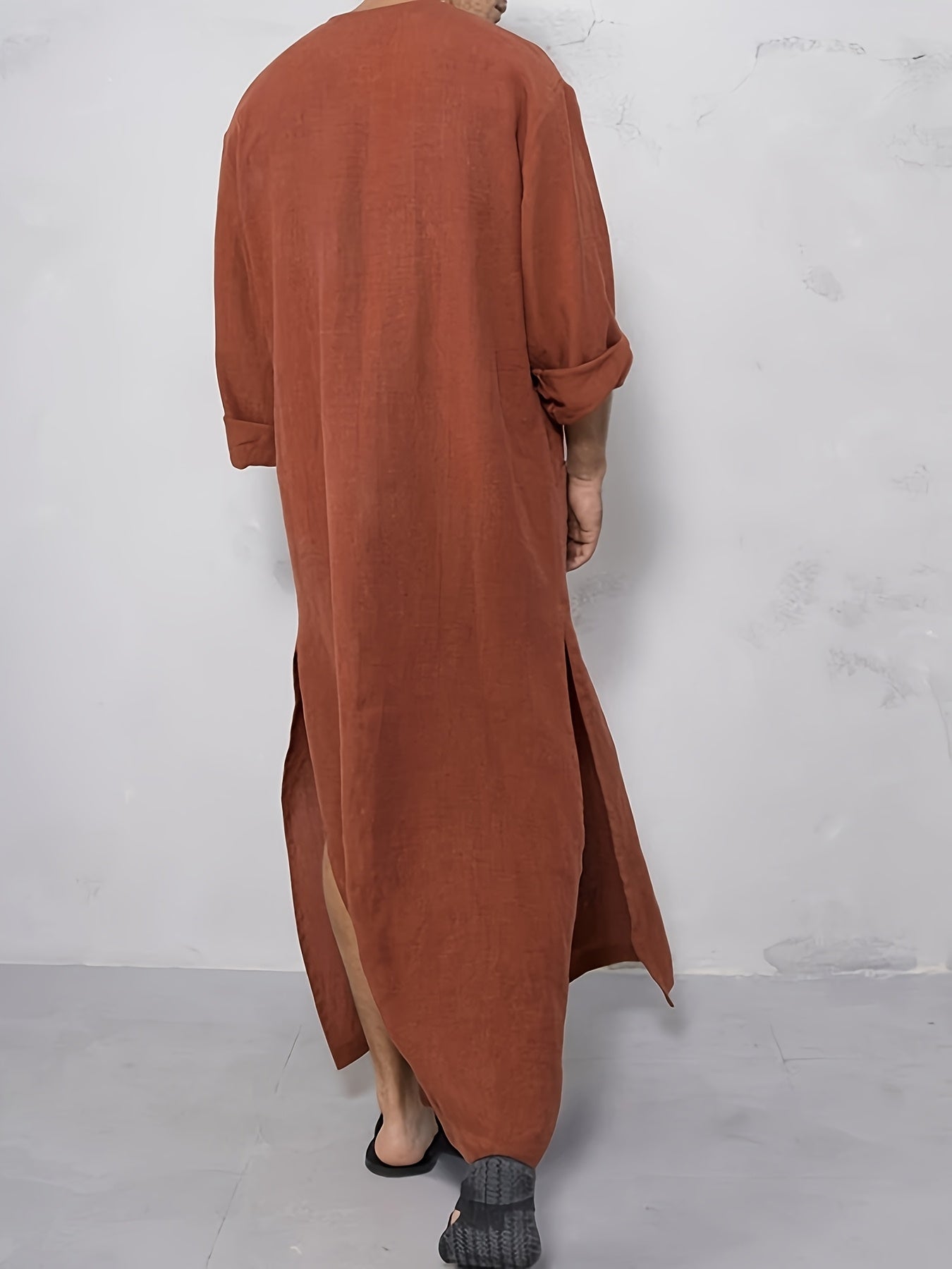 Southeast Asian Men's Loose Striped Round Neck Long Sleeve Muslim Robe Hoodie Pocket Middle Eastern Abaya