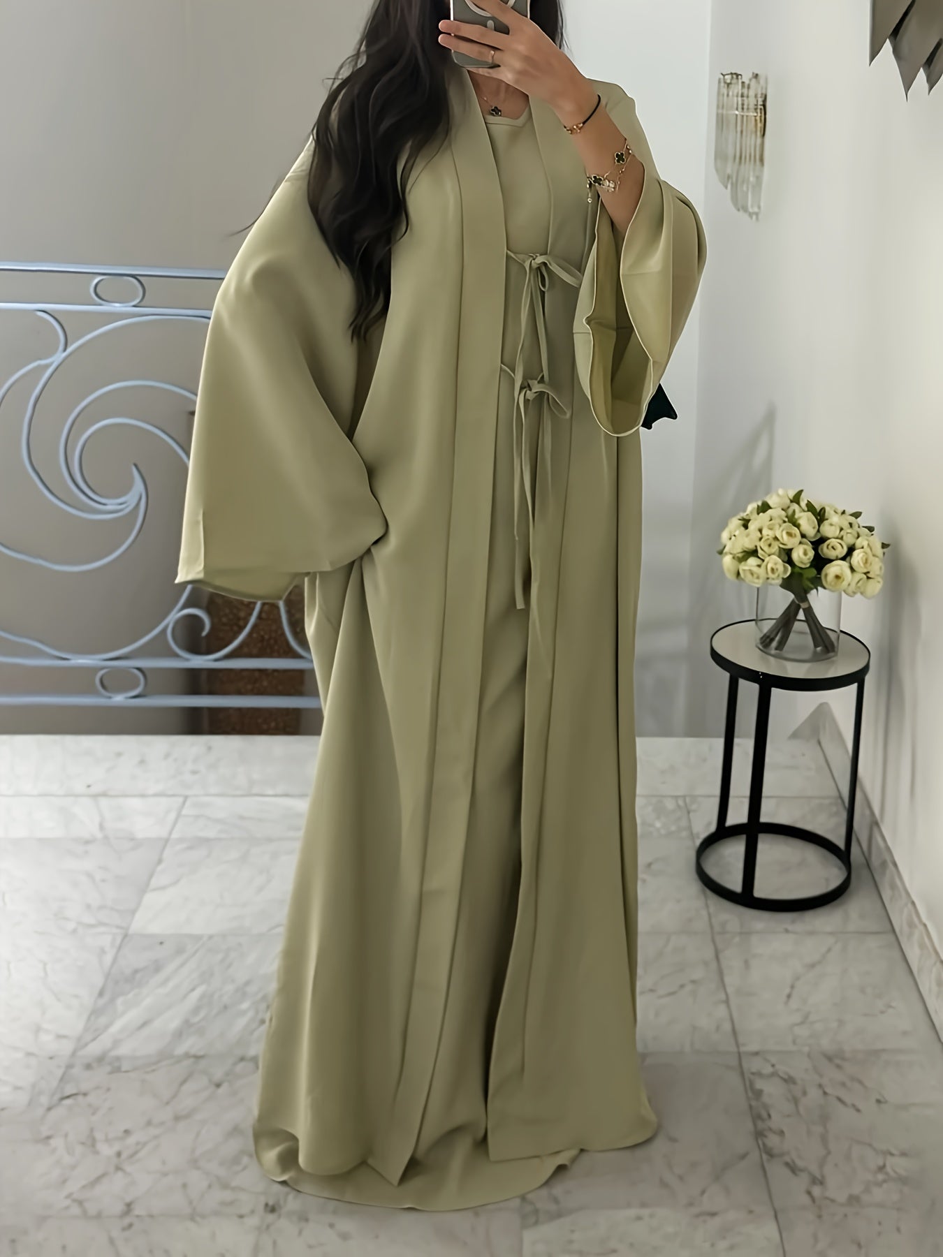 Chic Dress and Tie-Neck Cardigan Two-Piece Set