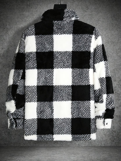 Men's Cozy Plaid Fleece Jacket - Casual Button-Up with Lapel Collar, Long Sleeves for Winter Warmth