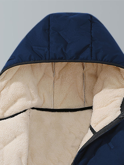 Men'S Winter Warm Fleece-Lined Zip-Up Hooded Jacket with Pockets - Navy Blue & Beige Color Block, Comfortable Polyester Fabric, Ideal for Outdoor Activities, Running, and Casual Wear, Winter Jacket