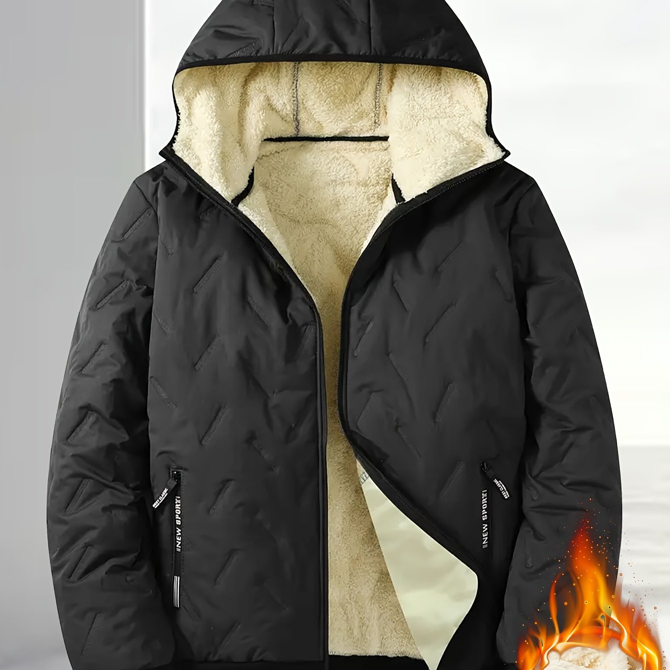 Men'S Winter Warm Fleece-Lined Zip-Up Hooded Jacket with Pockets - Navy Blue & Beige Color Block, Comfortable Polyester Fabric, Ideal for Outdoor Activities, Running, and Casual Wear, Winter Jacket