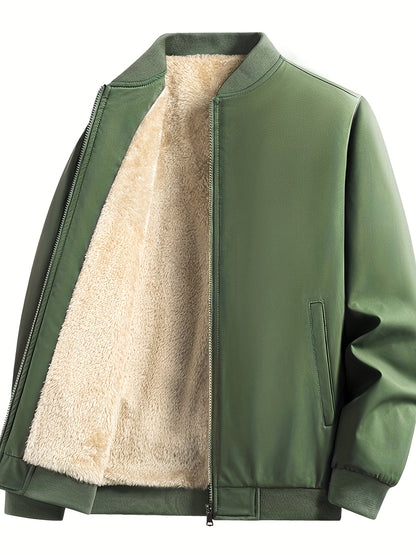 Men's Outdoor Warm Fleece-Lined Thick Casual Business Jacket with Baseball Collar, Solid Color, Machine Washable - Polyester