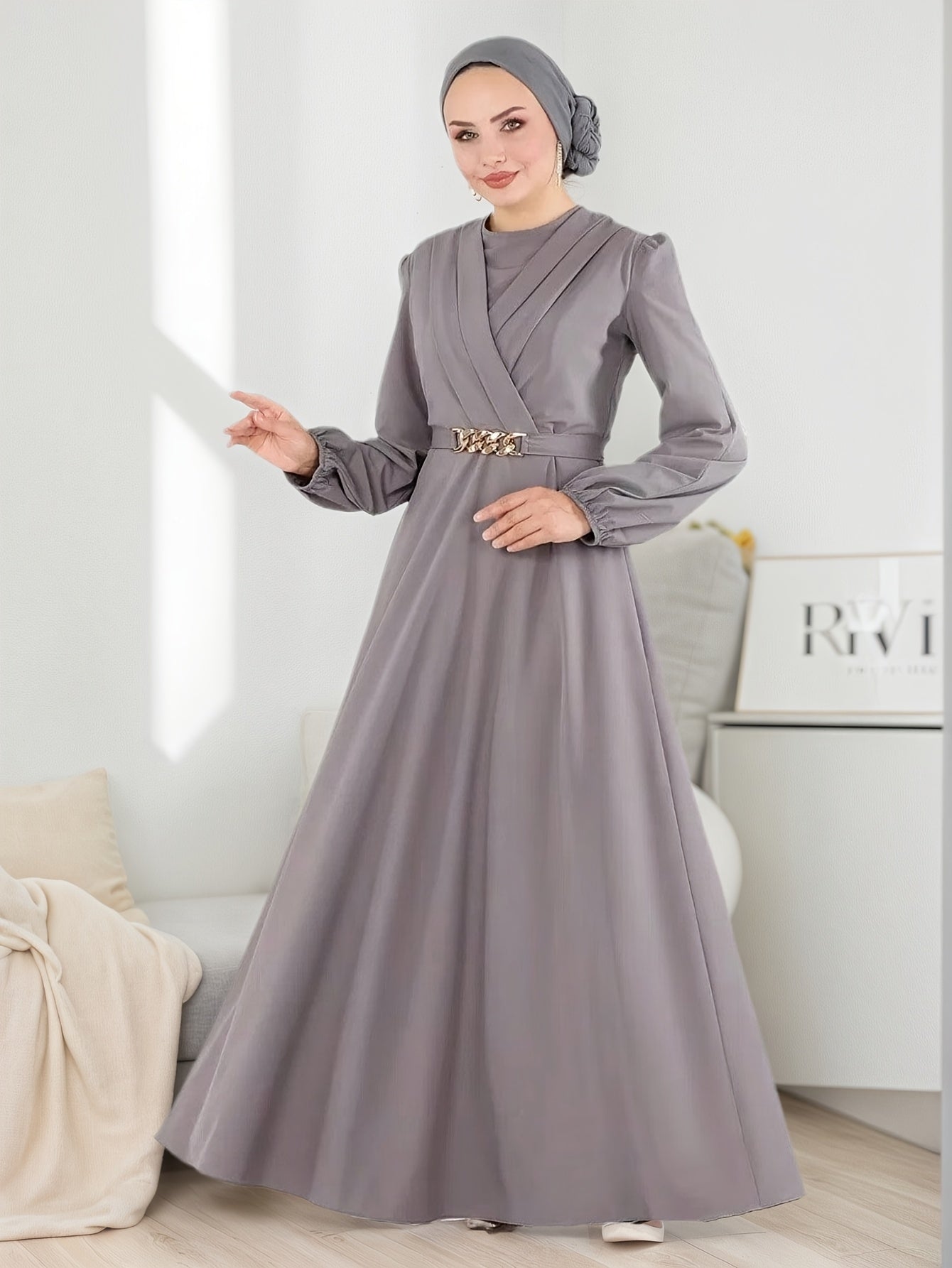 Modest Women's Elegant Traditional Arabic Jalabiya Abaya Dress with Lantern Sleeves & Adjustable Belt - Long Flowing Floor-Length Robe, Round Neck, Loose Fit, Machine Washable, All-Season Wear for Muslim Women, Casual & Forma