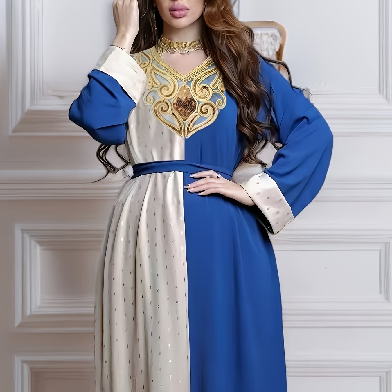 Elegant Middle Eastern Color Blocking Robe with Golden Embellishments - Long Sleeve, Belted, Geometric Pattern, All-Season Wear, Polyester Fabric, Regal Attire|Geometric Pattern Robe|Belted Waistband, Middle Eastern Wear