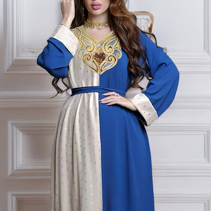 Elegant Middle Eastern Color Blocking Robe with Golden Embellishments - Long Sleeve, Belted, Geometric Pattern, All-Season Wear, Polyester Fabric, Regal Attire|Geometric Pattern Robe|Belted Waistband, Middle Eastern Wear