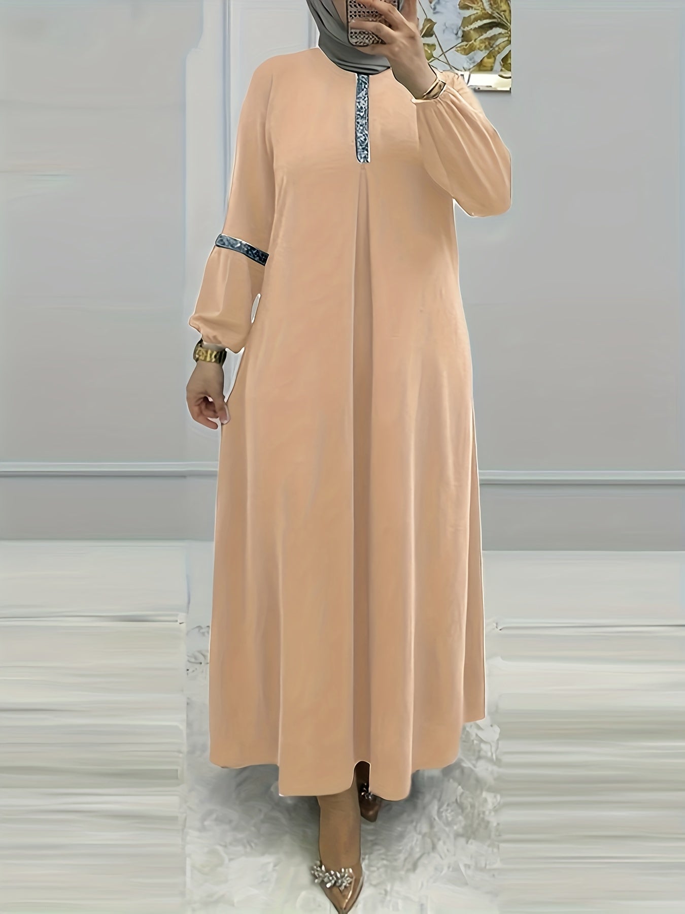 Middle Eastern Solid Color Long Sleeve Muslim Abaya Casual Sequined Dress
