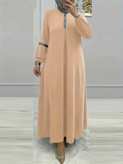 Middle Eastern Solid Color Long Sleeve Muslim Abaya Casual Sequined Dress