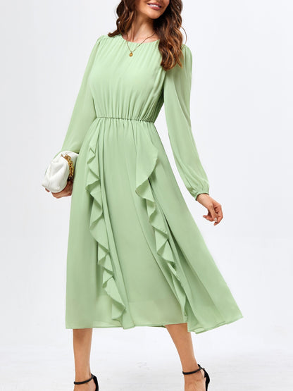 Womens Long Sleeve Wedding Guest Dresses Flowy Chiffon Ruffled A Line Midi Dresses 2024 Fall Casual Long Dress