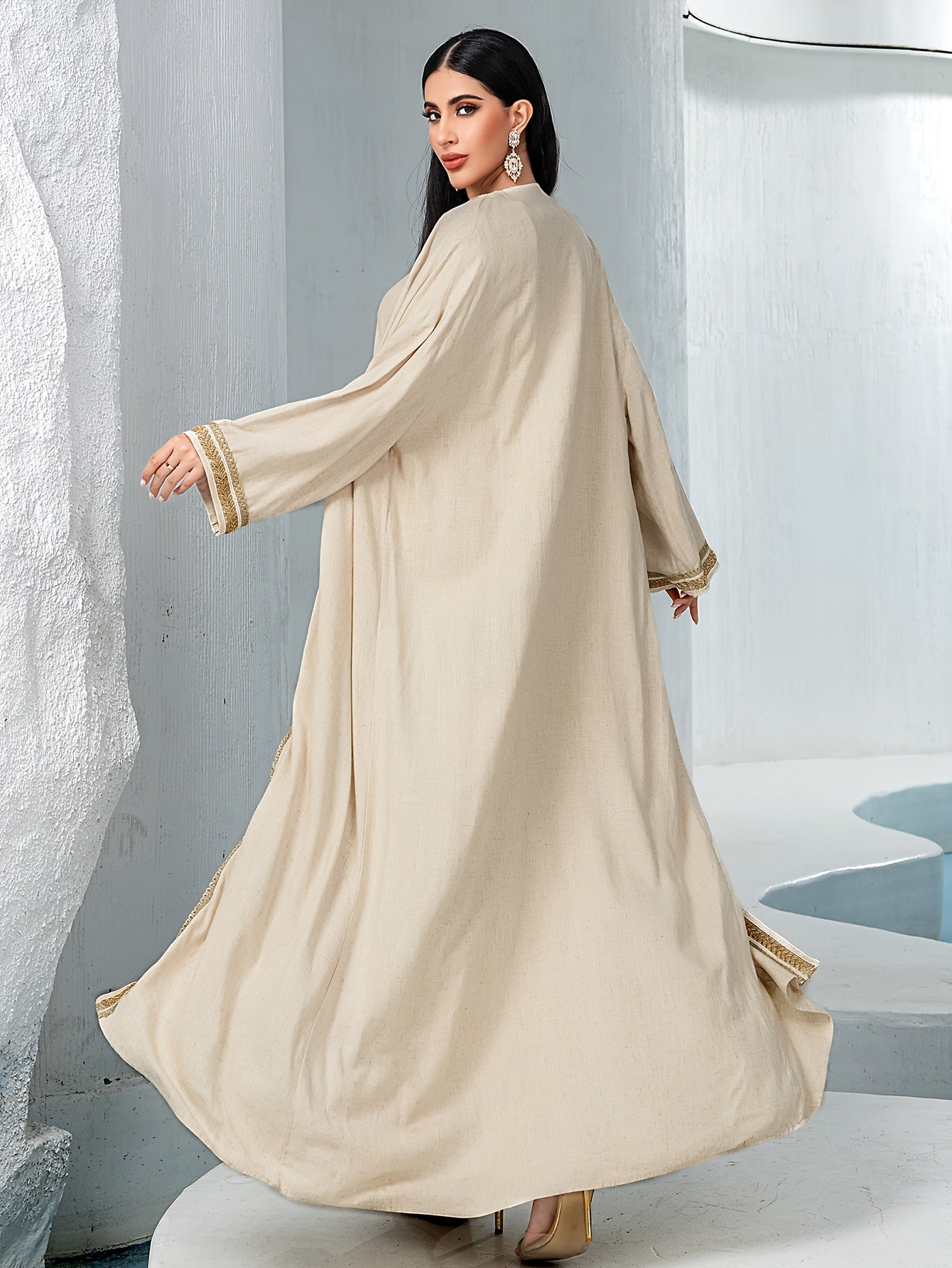 2pcs Traditional Style Beige Hand-Embroidered Rhinestone with Woven Belt, Polyester Long Dress Set, Solid Color, Non-Stretch Fabric, Long Sleeve, Regular Fit, All-Season