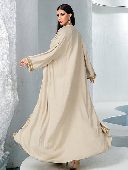 2pcs Traditional Style Beige Hand-Embroidered Rhinestone with Woven Belt, Polyester Long Dress Set, Solid Color, Non-Stretch Fabric, Long Sleeve, Regular Fit, All-Season