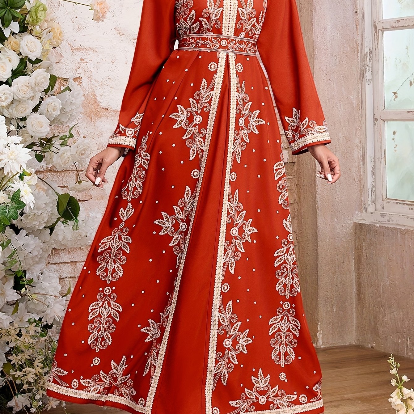 Women's Elegant Arabic Abaya Dress - Long Formal Muslim Wedding Gown with Floral Print, Navy Blue & Golden Islamic Rope for Everyday & Special Occasions - Machine Washable Non-See Through Islamic Clothing, Muslim Dress, Highq