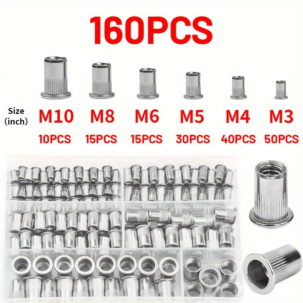 160pcs Rivet Nuts Kit M3/4/5/6/8/10- Durable Knurled Body, High-Strength Aluminum Flat Head, Embedded Rivet Nut, Threaded Insert Nut - Perfect For Automobile Restoration, Furniture Assembly, And Home Decoration