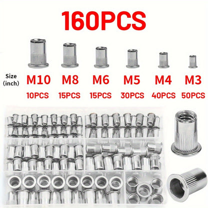 160pcs Rivet Nuts Kit M3/4/5/6/8/10- Durable Knurled Body, High-Strength Aluminum Flat Head, Embedded Rivet Nut, Threaded Insert Nut - Perfect For Automobile Restoration, Furniture Assembly, And Home Decoration