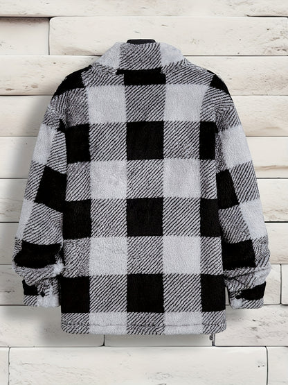 Men's Cozy Plaid Fleece Jacket - Casual Button-Up with Lapel Collar, Long Sleeves for Winter Warmth