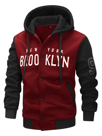 Men'S New Fall/Winter Casual Printed Hooded Baseball Jacket, Knitted Fabric, Regular Fit, Long Sleeve, Letter Pattern, Pocket, Single Button Closure, Daily & Leisure Wear