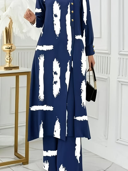 Ramadan, Women Button-Decorated Solid Color Long Sleeve Top & Pants Set, Arabic Style Clothing, Only Clothes, Without Headscarf